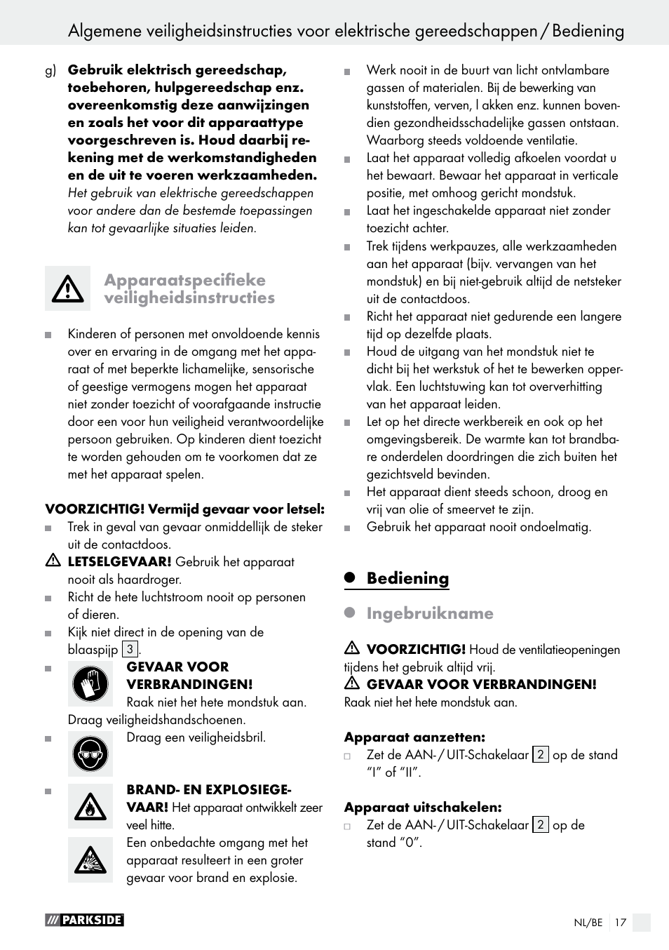 Apparaatspecifieke veiligheidsinstructies, Bediening, Ingebruikname | Parkside PHLG 2000 B1 User Manual | Page 17 / 37