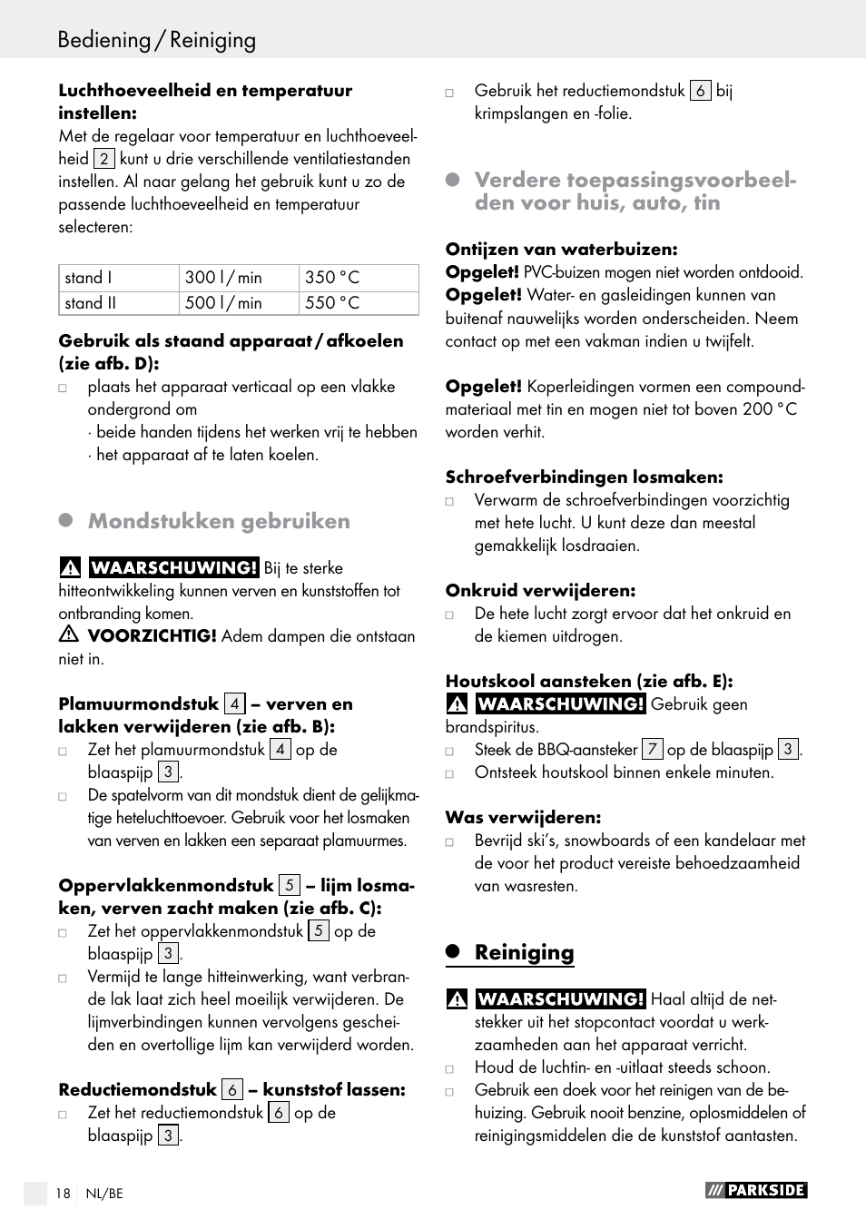 Service / garantie / afvoer bediening / reiniging, Mondstukken gebruiken, Reiniging | Parkside PHLG 2000 B1 User Manual | Page 18 / 37