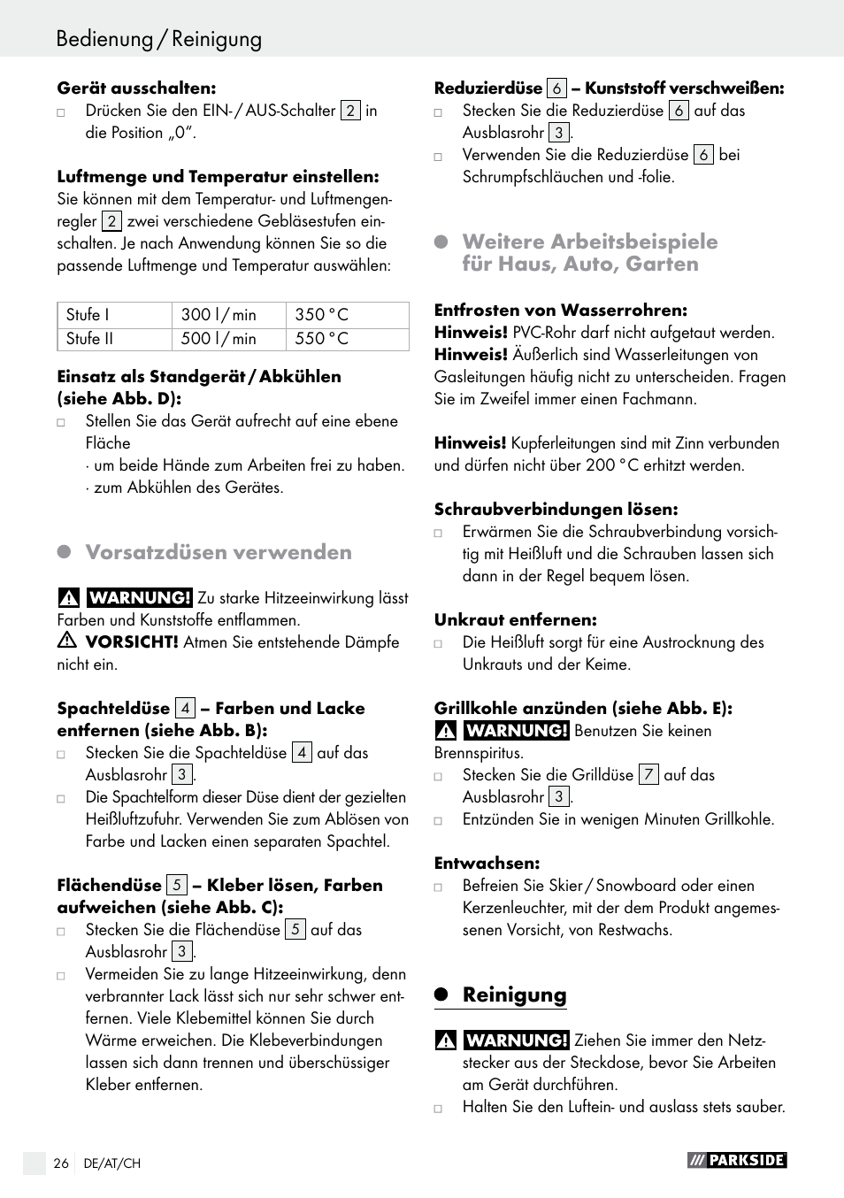 Vorsatzdüsen verwenden, Weitere arbeitsbeispiele für haus, auto, garten, Reinigung | Parkside PHLG 2000 B1 User Manual | Page 26 / 37