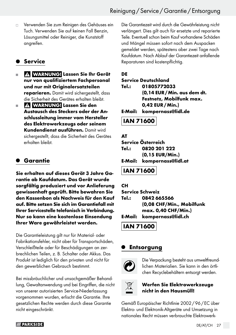 Parkside PHLG 2000 B1 User Manual | Page 27 / 37