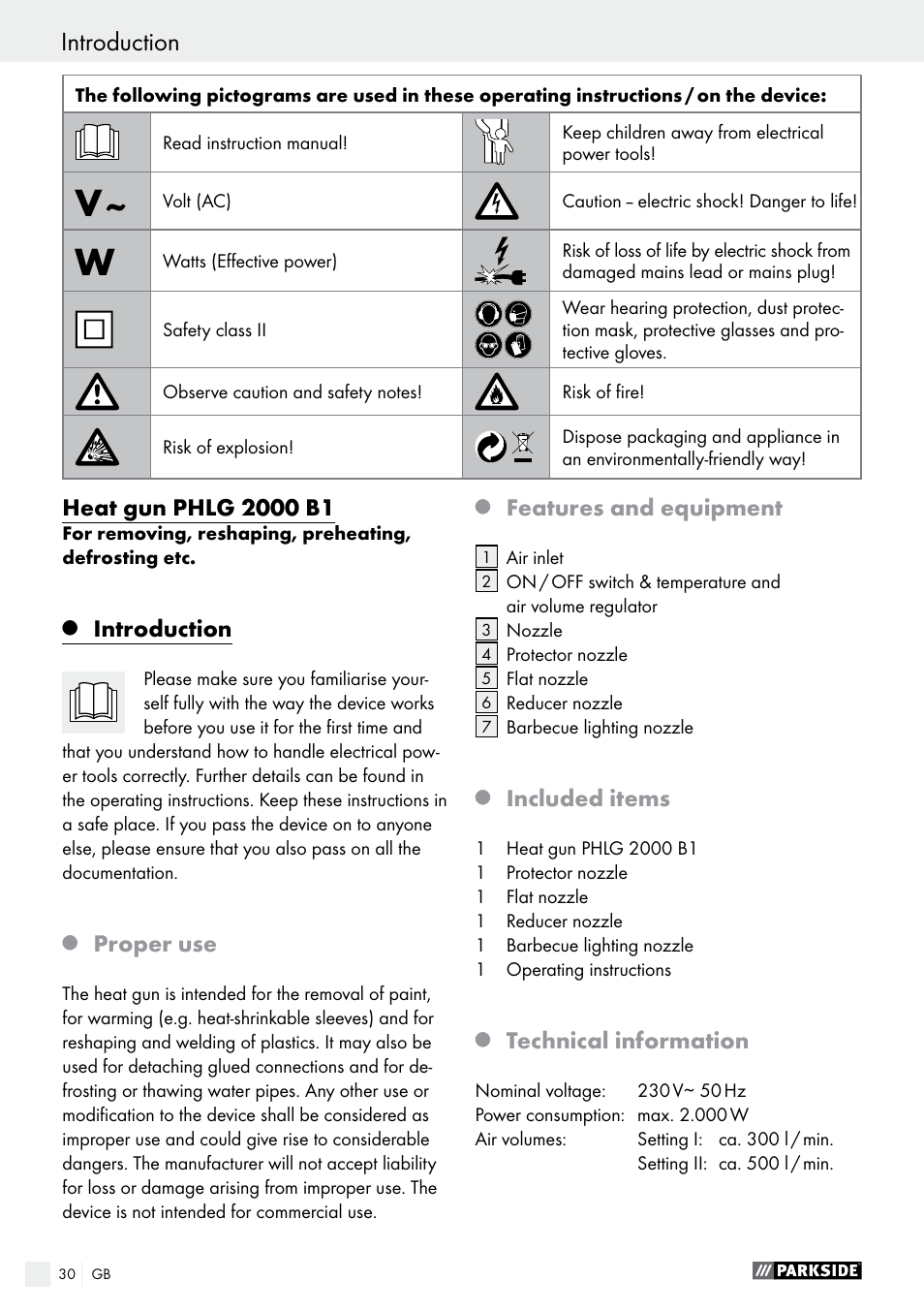 Introduction, Proper use, Features and equipment | Included items, Technical information | Parkside PHLG 2000 B1 User Manual | Page 30 / 37