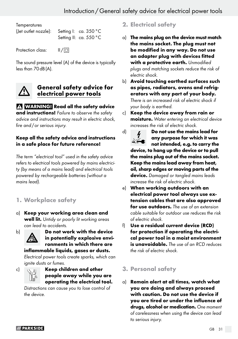 Introduction, General safety advice for electrical power tools, Workplace safety | Electrical safety, Personal safety | Parkside PHLG 2000 B1 User Manual | Page 31 / 37