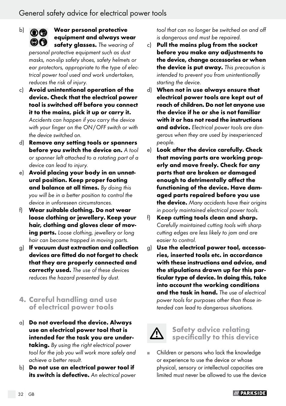 Careful handling and use of electrical power tools, Safety advice relating specifically to this device | Parkside PHLG 2000 B1 User Manual | Page 32 / 37