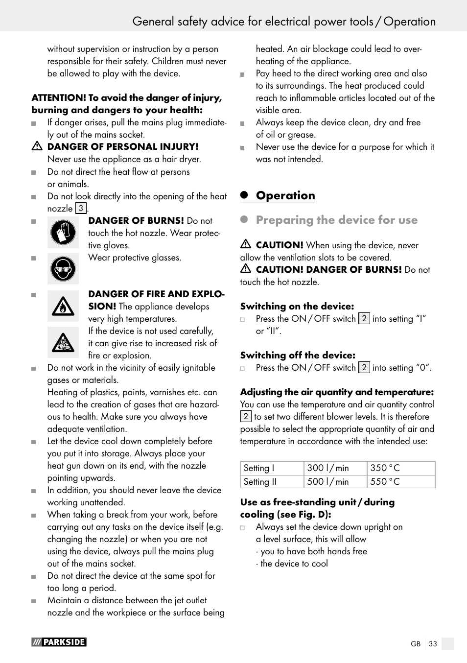 Operation, Preparing the device for use | Parkside PHLG 2000 B1 User Manual | Page 33 / 37