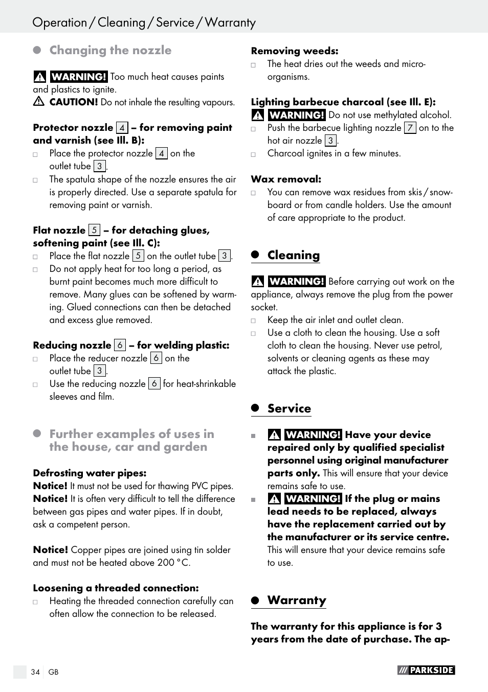 Changing the nozzle, Cleaning, Service | Warranty | Parkside PHLG 2000 B1 User Manual | Page 34 / 37