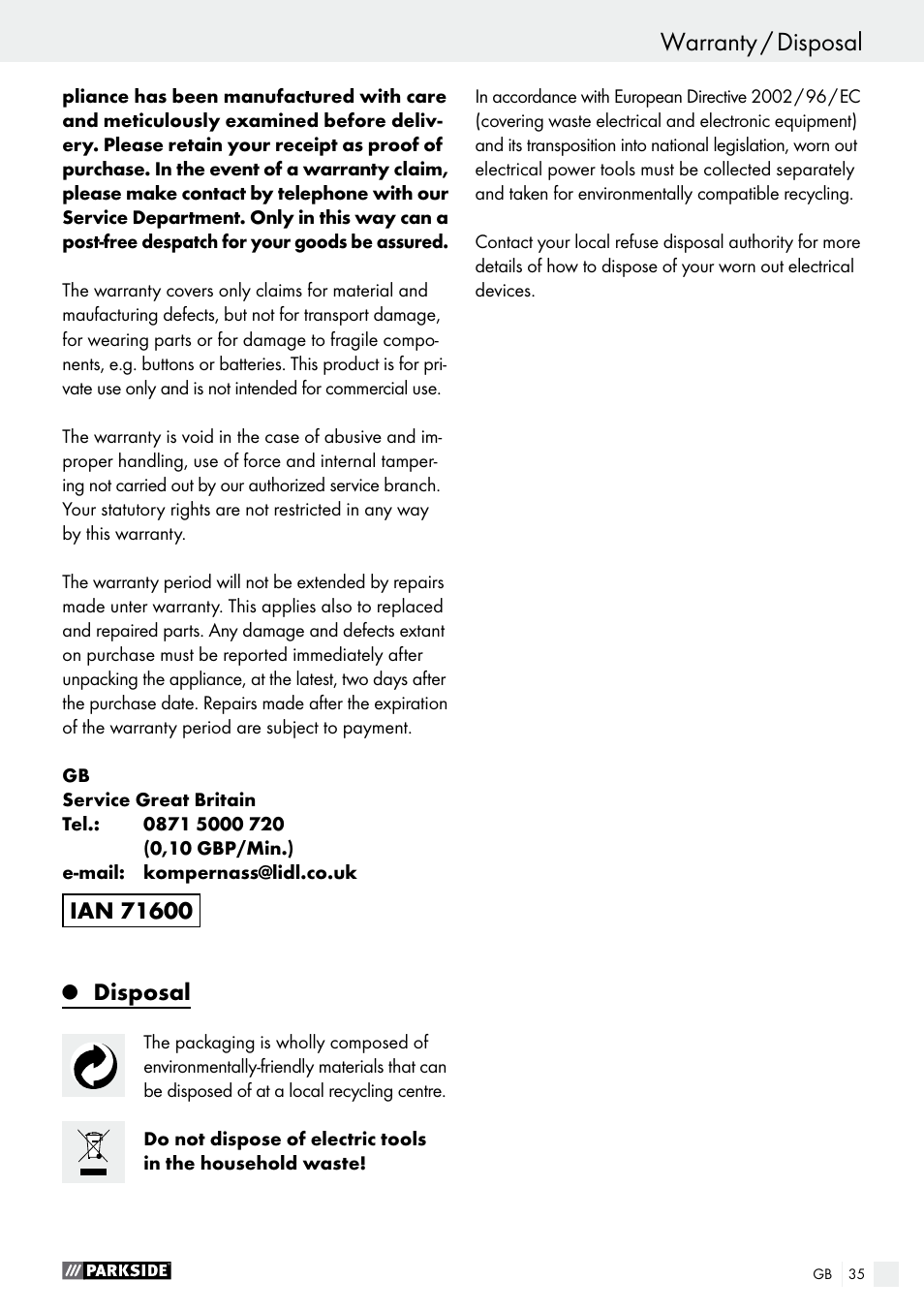Disposal | Parkside PHLG 2000 B1 User Manual | Page 35 / 37