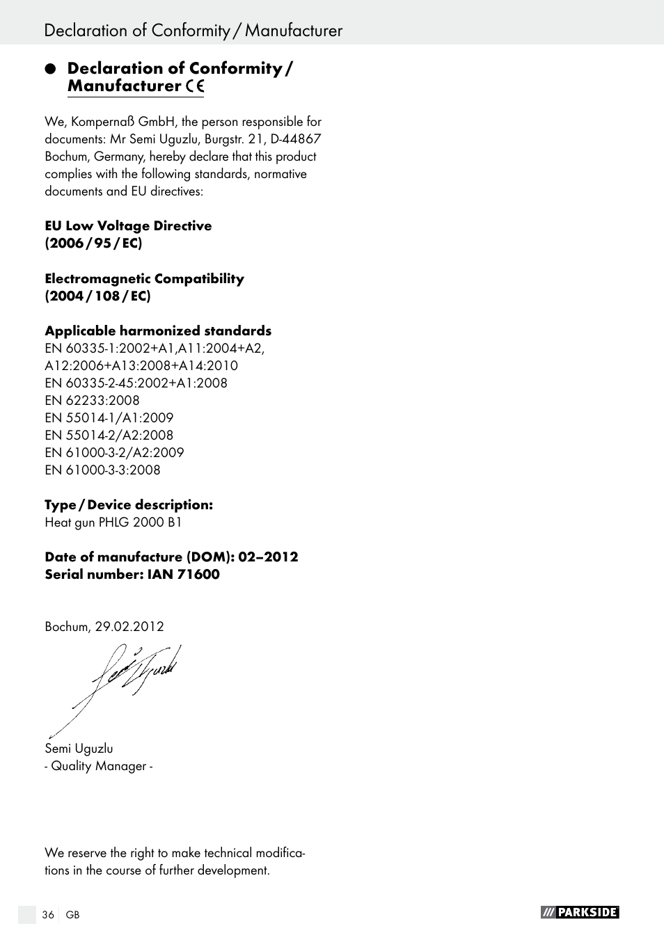 Declaration of conformity / manufacturer | Parkside PHLG 2000 B1 User Manual | Page 36 / 37