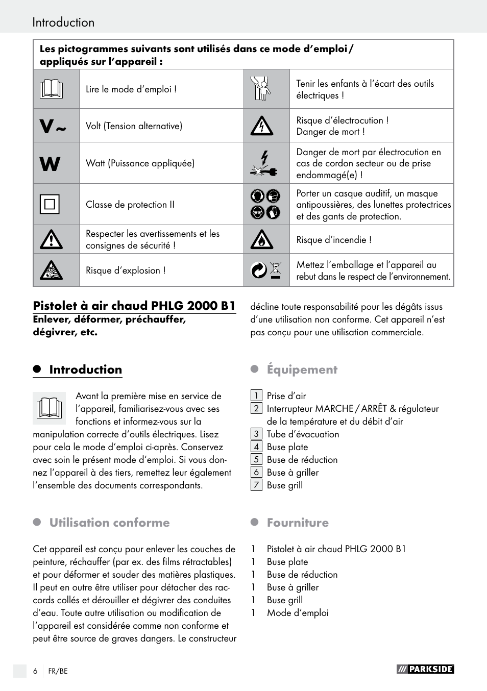 Introduction, Utilisation conforme, Équipement | Fourniture | Parkside PHLG 2000 B1 User Manual | Page 6 / 37