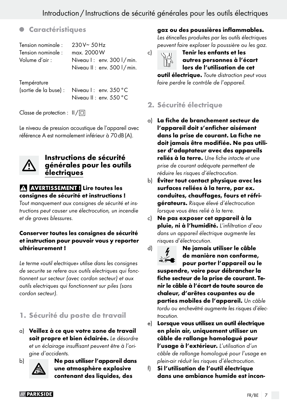 Caractéristiques, Sécurité du poste de travail, Sécurité électrique | Parkside PHLG 2000 B1 User Manual | Page 7 / 37