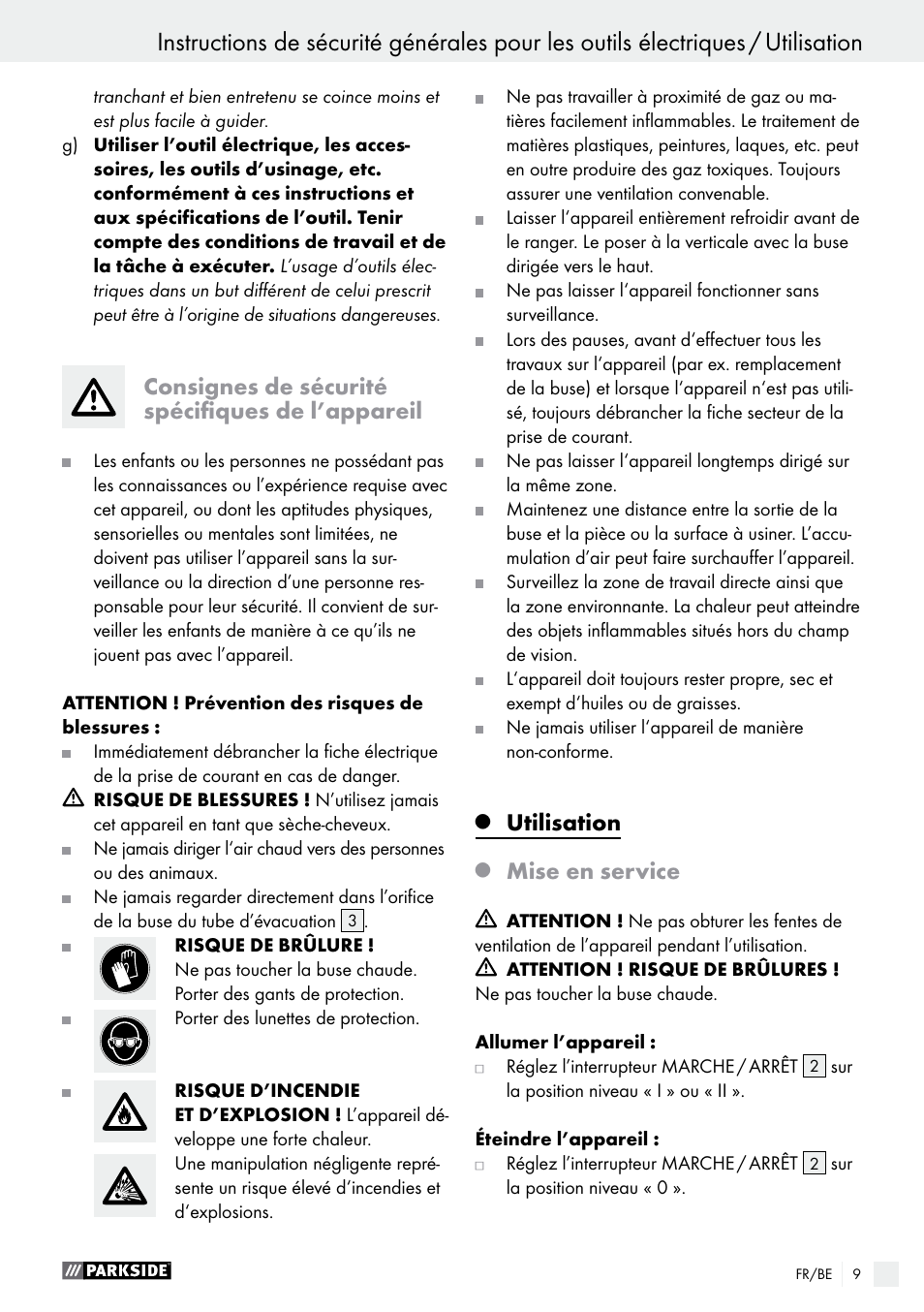 Consignes de sécurité spécifiques de l’appareil, Utilisation, Mise en service | Parkside PHLG 2000 B1 User Manual | Page 9 / 37