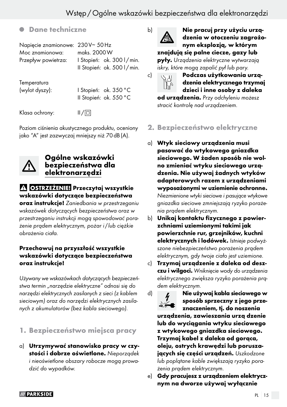 Dane techniczne, Bezpieczeństwo miejsca pracy, Bezpieczeństwo elektryczne | Parkside PHLG 2000 B1 User Manual | Page 15 / 53