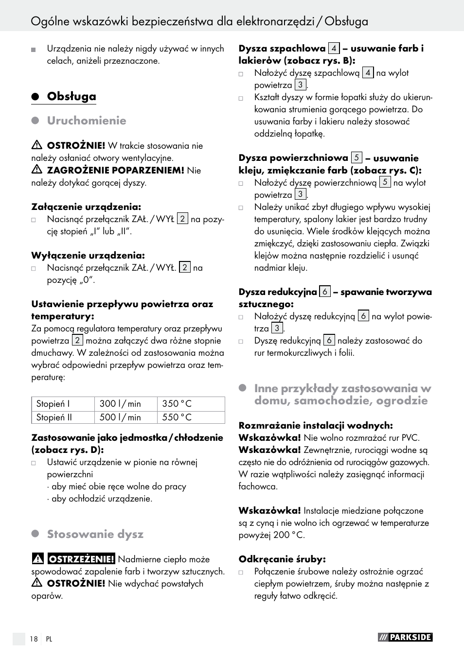 Obsługa, Uruchomienie, Stosowanie dysz | Parkside PHLG 2000 B1 User Manual | Page 18 / 53