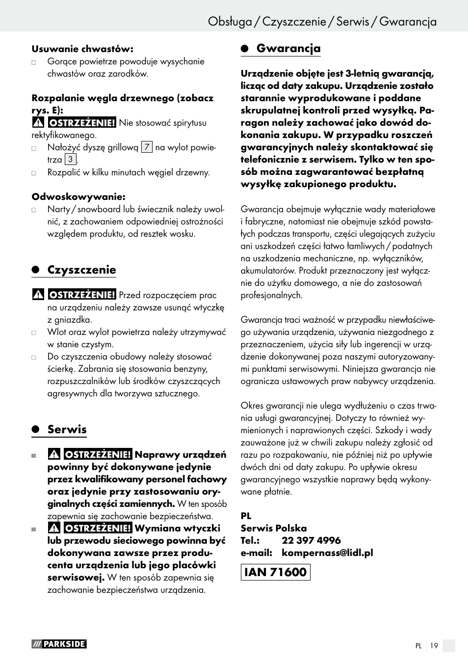 Czyszczenie, Serwis, Gwarancja | Parkside PHLG 2000 B1 User Manual | Page 19 / 53