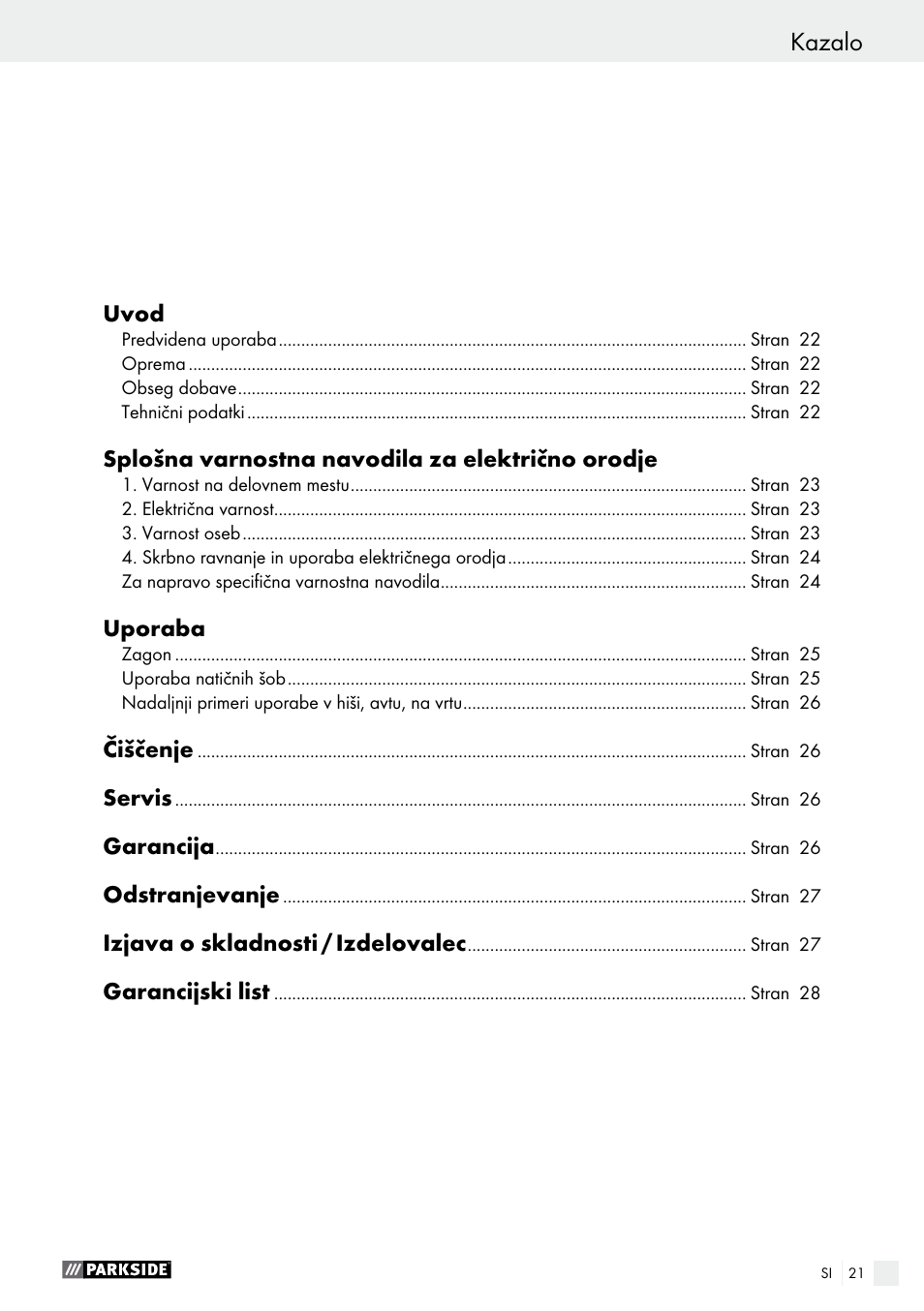 Utylizacja / deklaracja zgodności / producent, Kazalo | Parkside PHLG 2000 B1 User Manual | Page 21 / 53