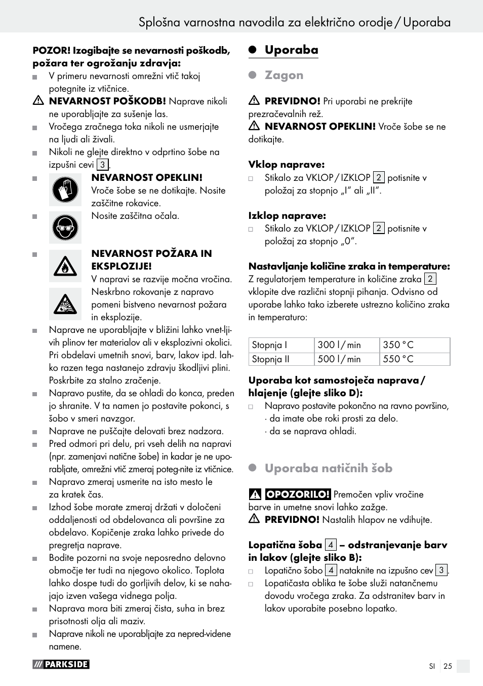 Uporaba, Zagon, Uporaba natičnih šob | Parkside PHLG 2000 B1 User Manual | Page 25 / 53