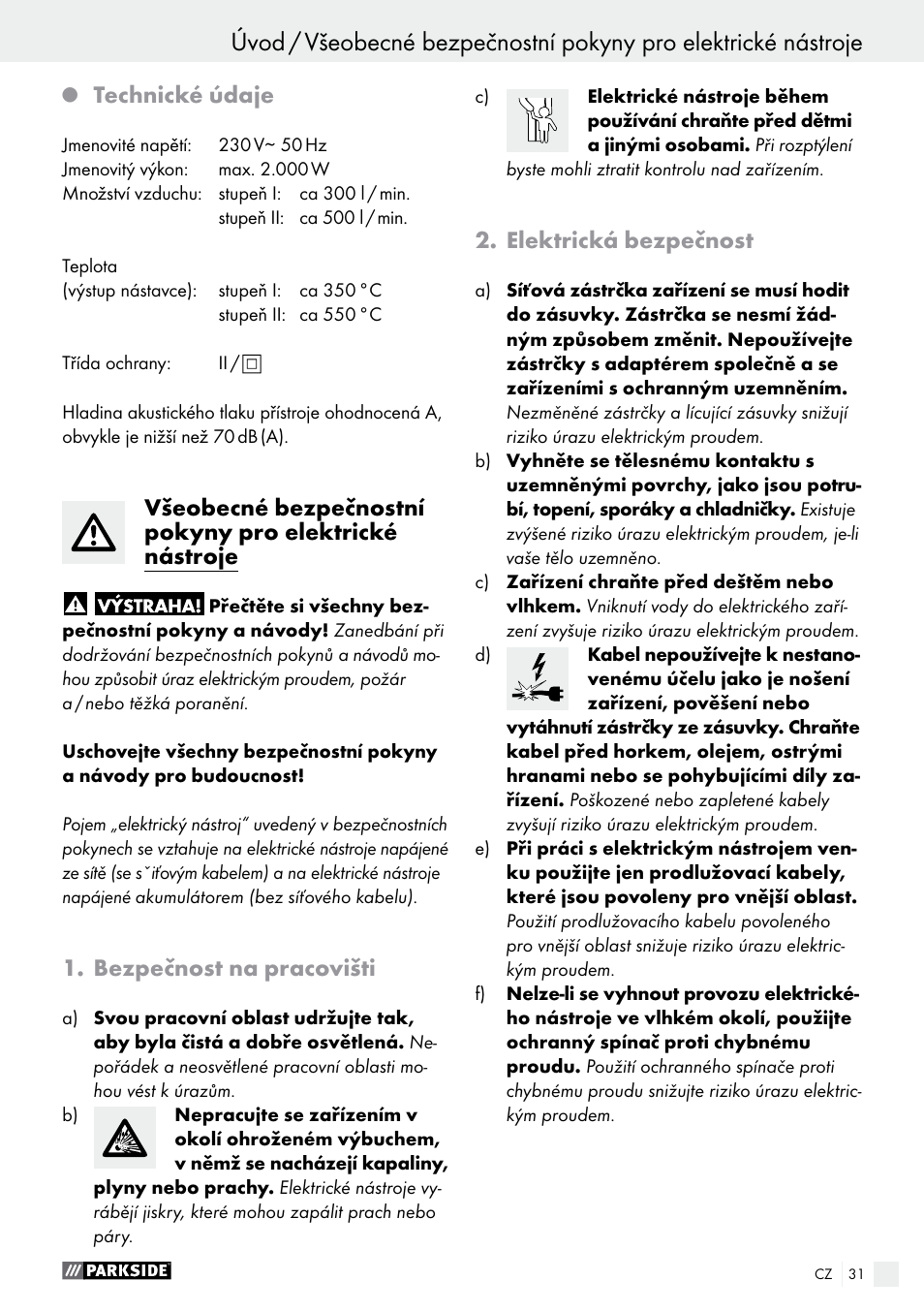 Technické údaje, Bezpečnost na pracovišti, Elektrická bezpečnost | Parkside PHLG 2000 B1 User Manual | Page 31 / 53