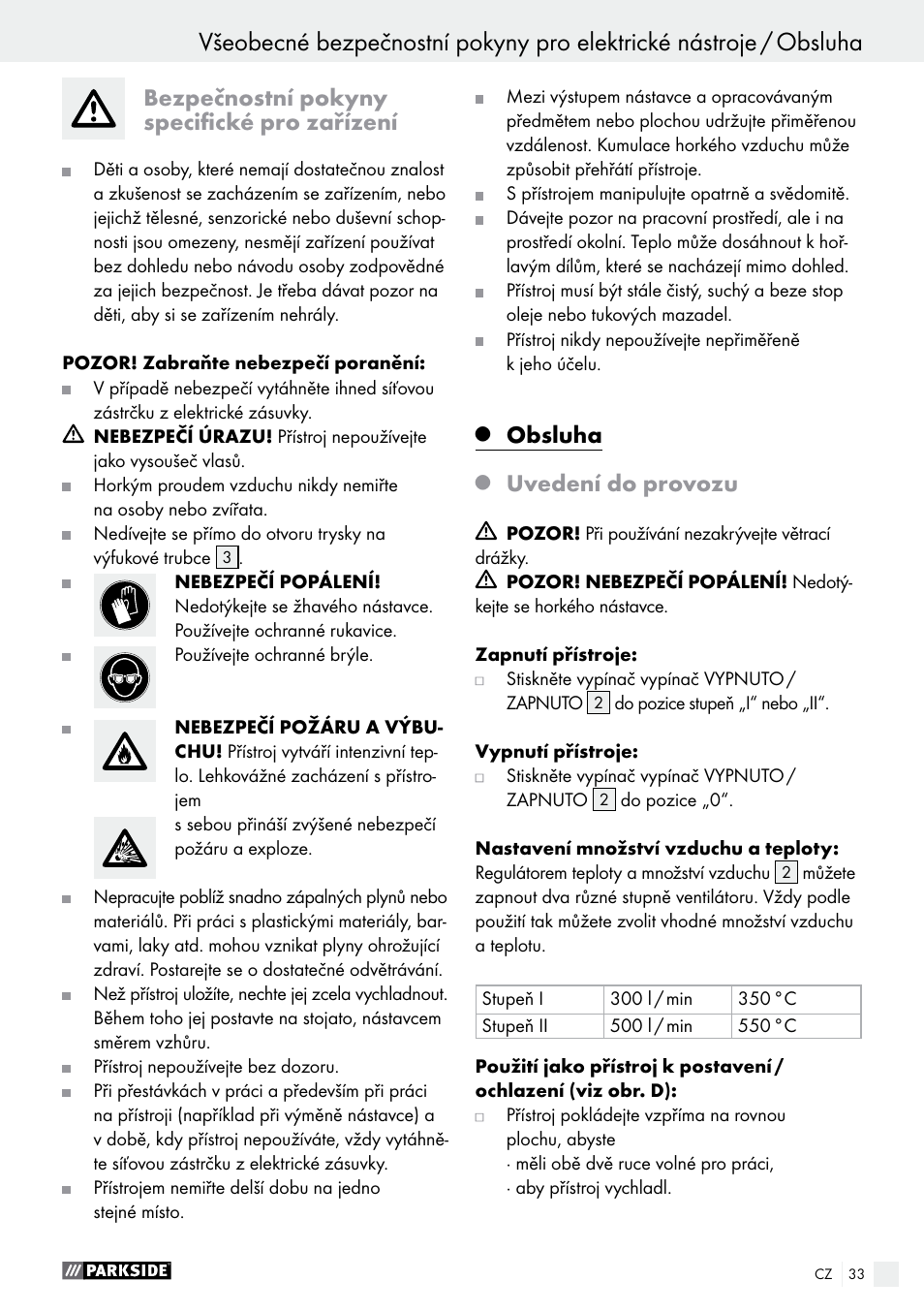 Bezpečnostní pokyny specifické pro zařízení, Obsluha, Uvedení do provozu | Parkside PHLG 2000 B1 User Manual | Page 33 / 53