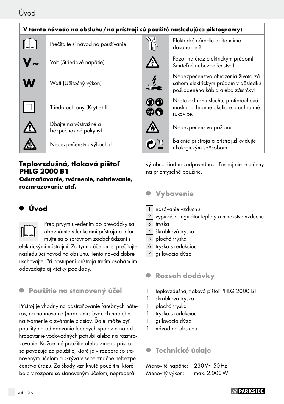 Úvod, Použitie na stanovený účel, Vybavenie | Rozsah dodávky, Technické údaje | Parkside PHLG 2000 B1 User Manual | Page 38 / 53