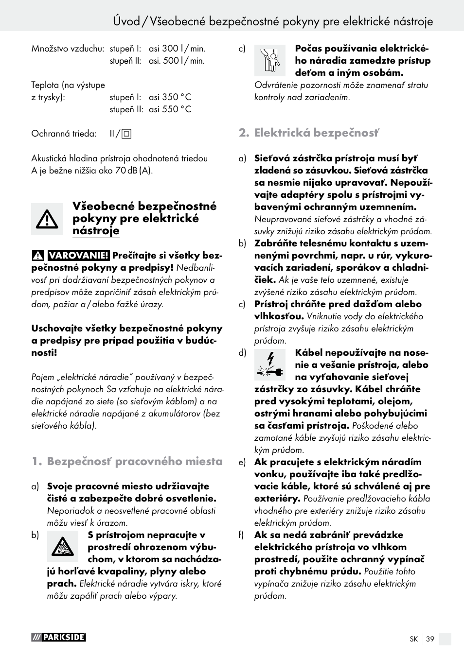 Bezpečnosť pracovného miesta, Elektrická bezpečnosť | Parkside PHLG 2000 B1 User Manual | Page 39 / 53
