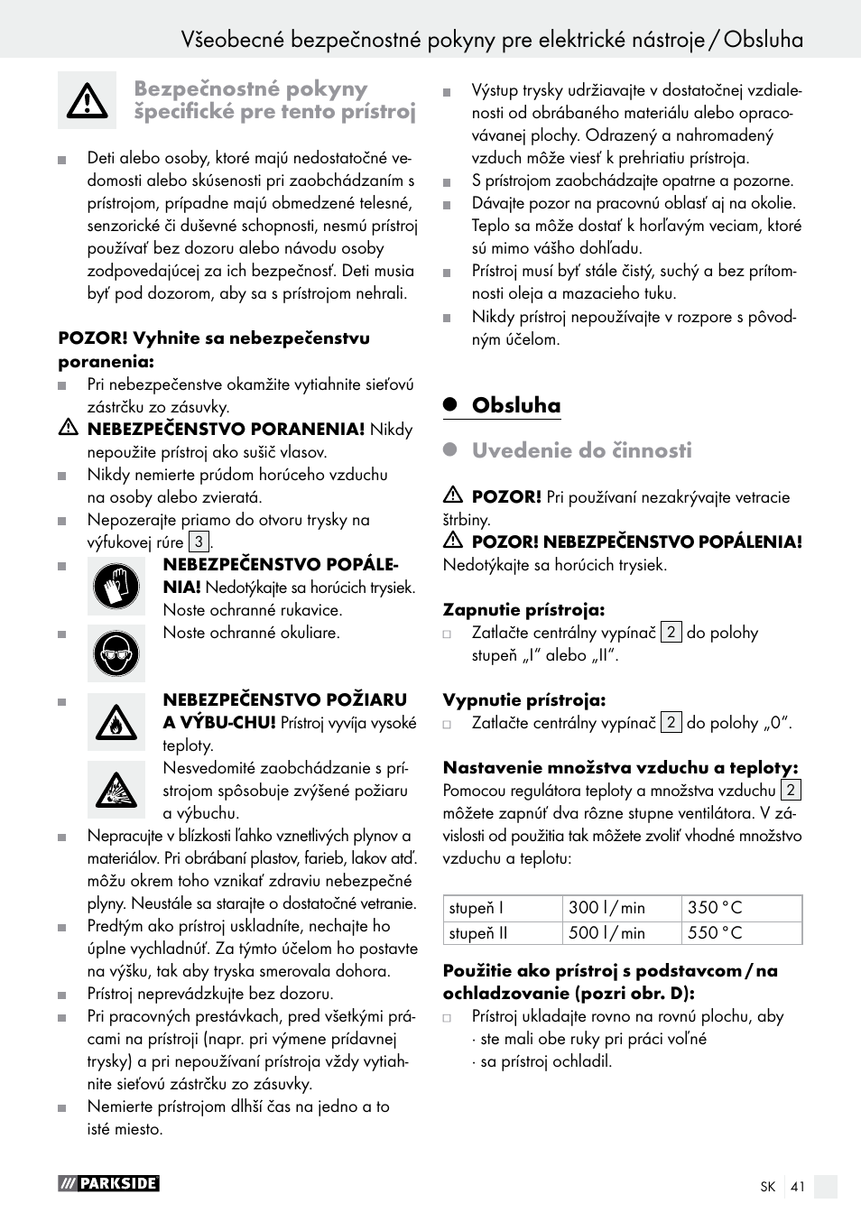 Bezpečnostné pokyny špecifické pre tento prístroj, Obsluha, Uvedenie do činnosti | Parkside PHLG 2000 B1 User Manual | Page 41 / 53