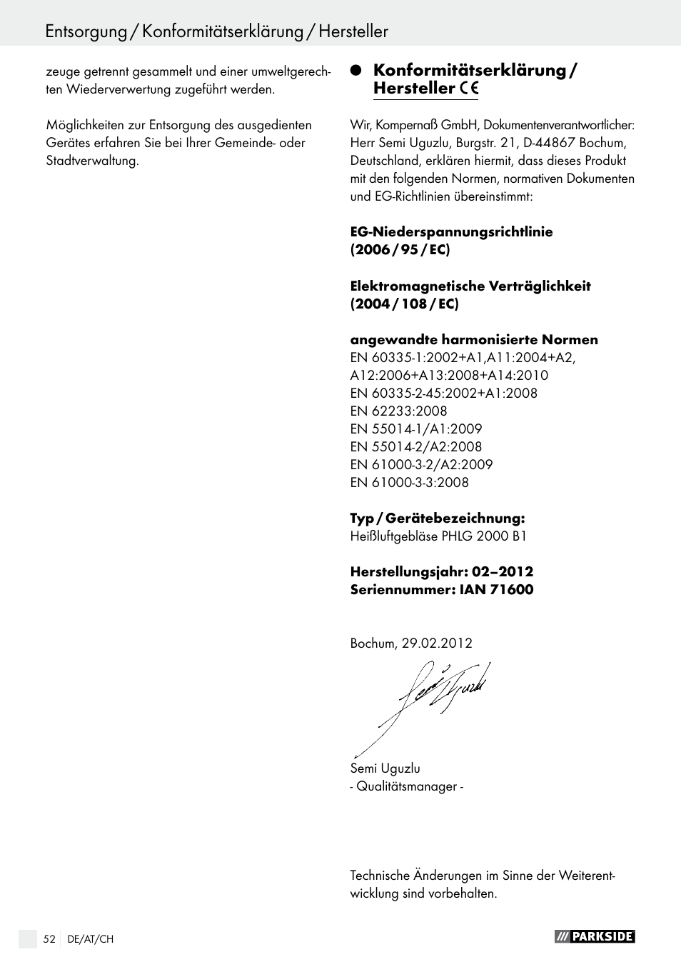 Entsorgung / konformitätserklärung / hersteller, Konformitätserklärung / hersteller | Parkside PHLG 2000 B1 User Manual | Page 52 / 53