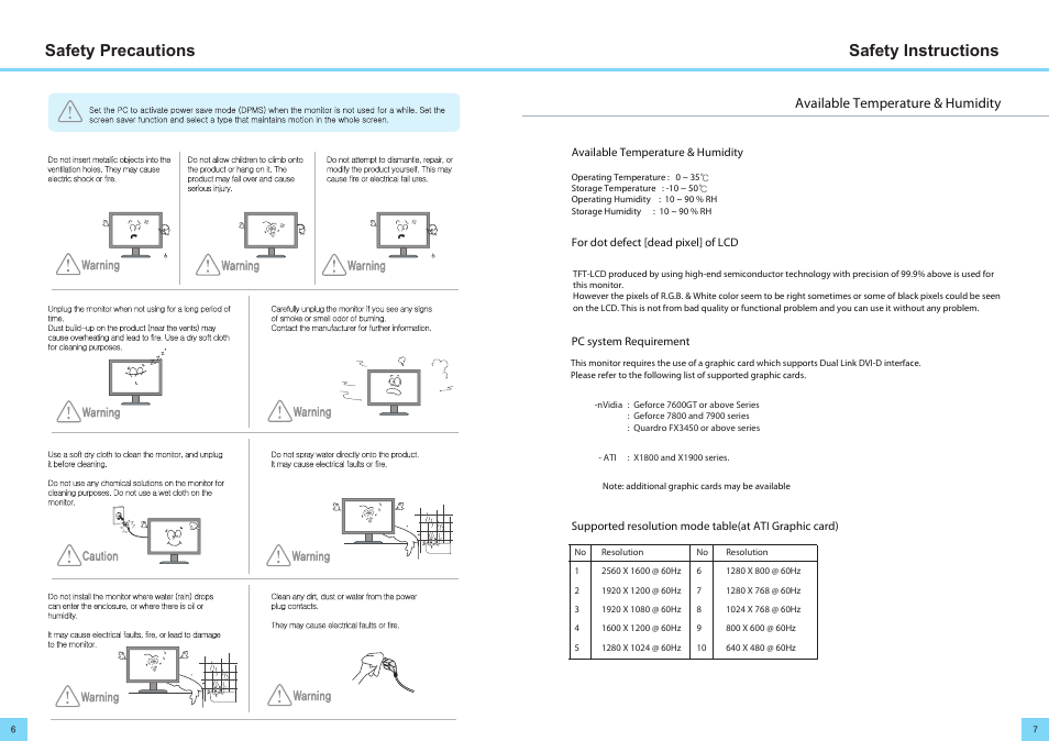 Safety instructions safety precautions, Available temperature & humidity | DoubleSight Displays DoubleSight Wide Screen LCD DS-305W User Manual | Page 4 / 9