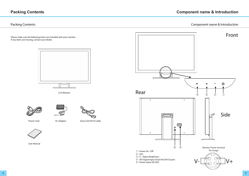 V- v, Front rear side, Component name & introduction packing contents | DoubleSight Displays DoubleSight Wide Screen LCD DS-305W User Manual | Page 5 / 9