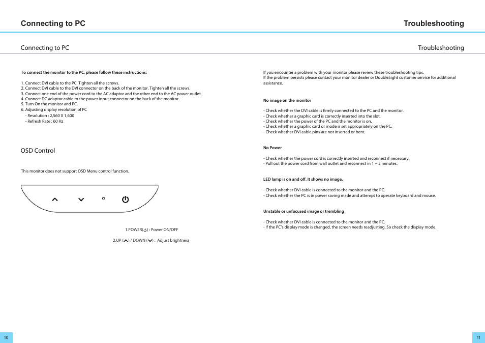 Troubleshooting connecting to pc, Troubleshooting connecting to pc osd control | DoubleSight Displays DoubleSight Wide Screen LCD DS-305W User Manual | Page 6 / 9