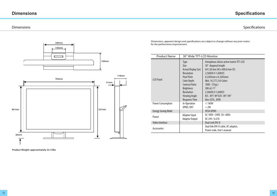 Specifications dimensions | DoubleSight Displays DoubleSight Wide Screen LCD DS-305W User Manual | Page 7 / 9