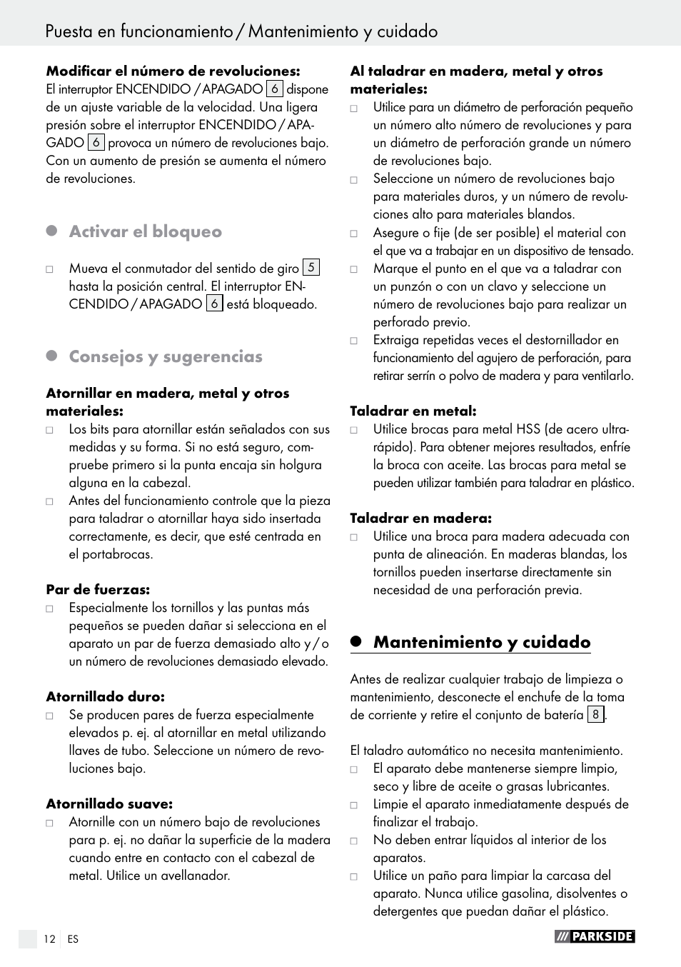 Activar el bloqueo, Consejos y sugerencias, Mantenimiento y cuidado | Parkside PABS 10.8 B2 User Manual | Page 12 / 55