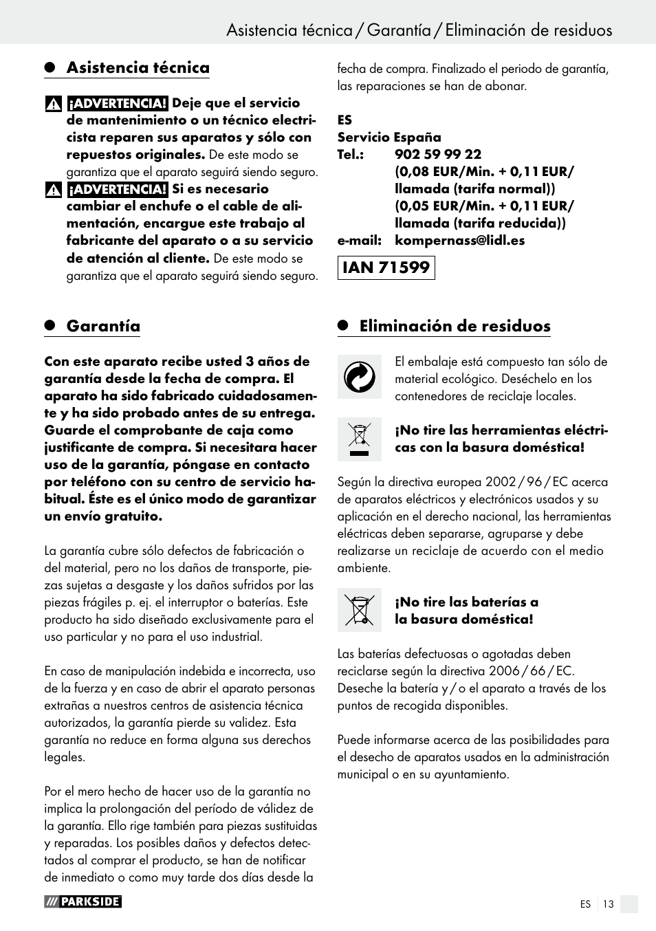 Asistencia técnica, Garantía, Eliminación de residuos | Parkside PABS 10.8 B2 User Manual | Page 13 / 55