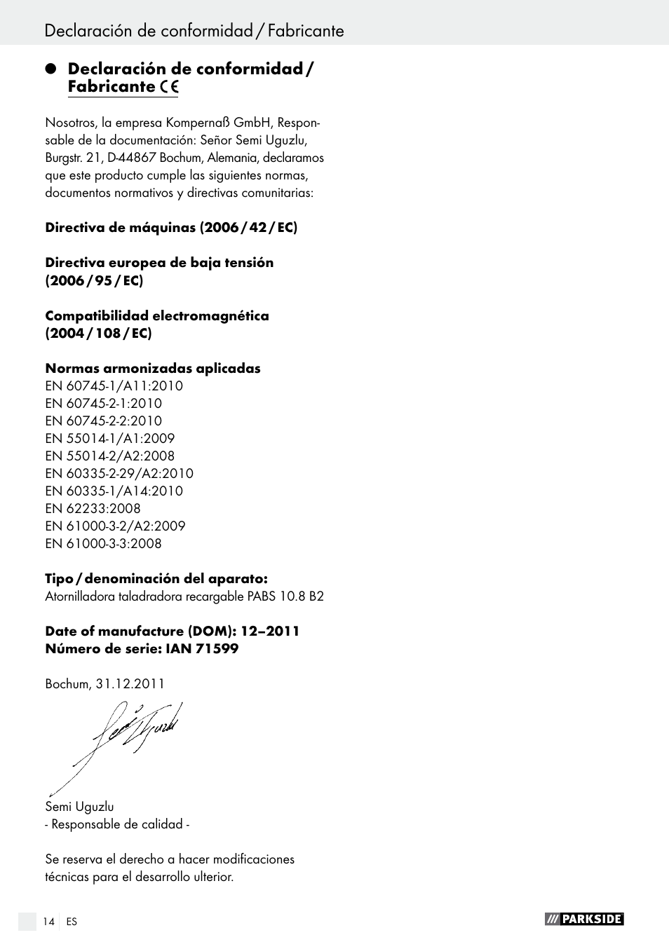 Indice declaración de conformidad / fabricante | Parkside PABS 10.8 B2 User Manual | Page 14 / 55