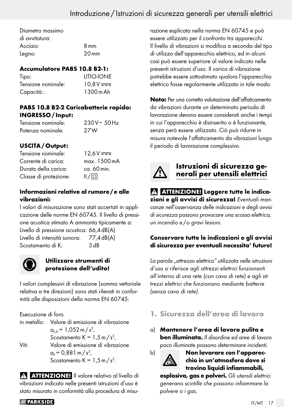 Sicurezza dell’area di lavoro | Parkside PABS 10.8 B2 User Manual | Page 17 / 55