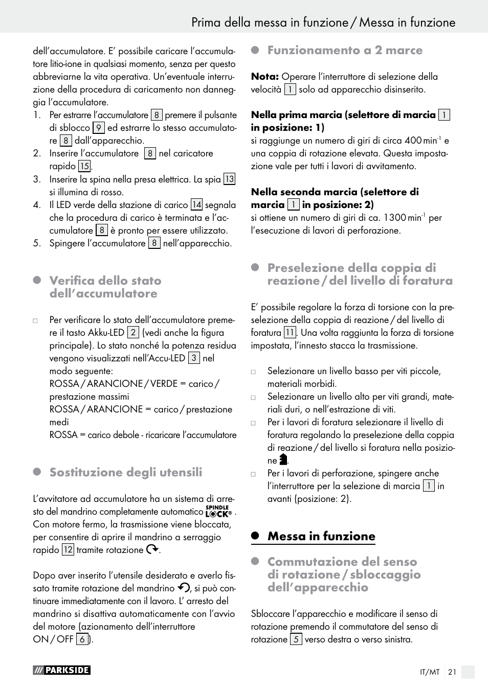 Verifica dello stato dell’accumulatore, Sostituzione degli utensili, Funzionamento a 2 marce | Messa in funzione | Parkside PABS 10.8 B2 User Manual | Page 21 / 55