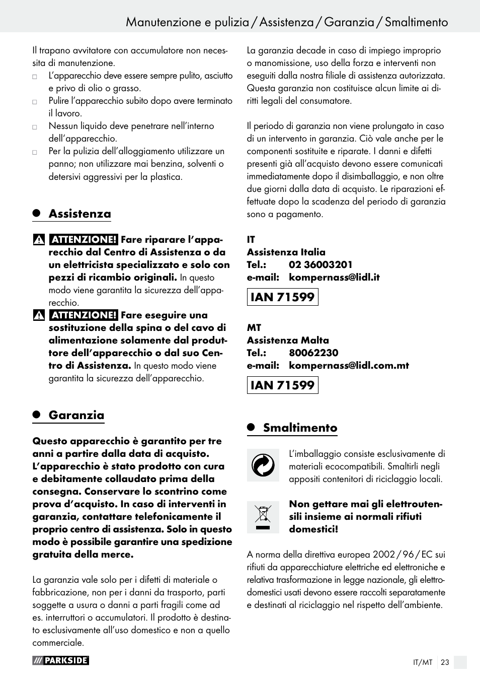 Assistenza, Garanzia, Smaltimento | Parkside PABS 10.8 B2 User Manual | Page 23 / 55