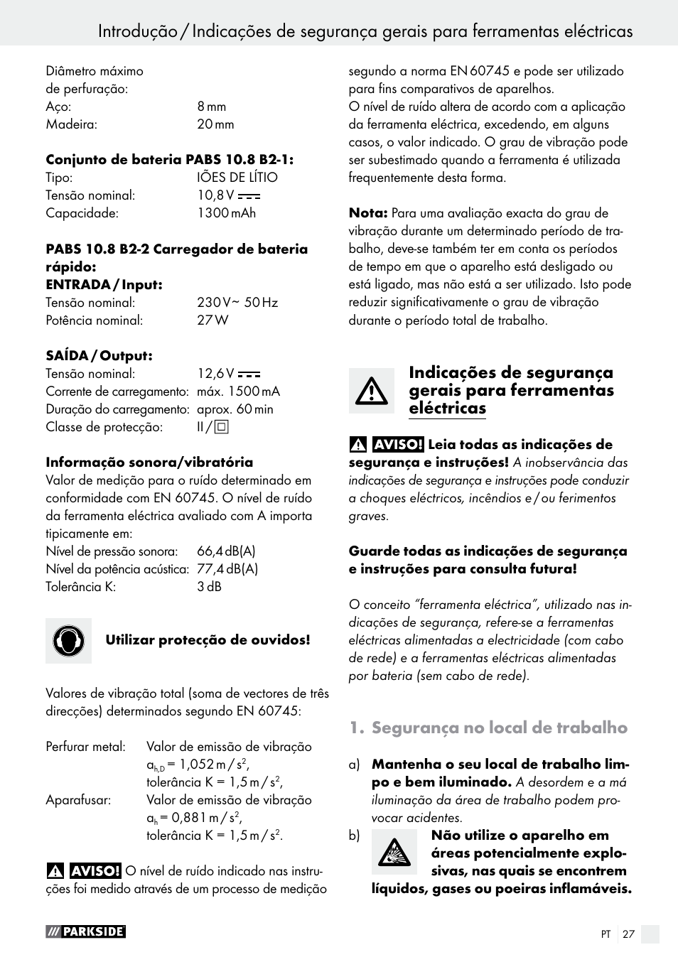 Introdução, Segurança no local de trabalho | Parkside PABS 10.8 B2 User Manual | Page 27 / 55