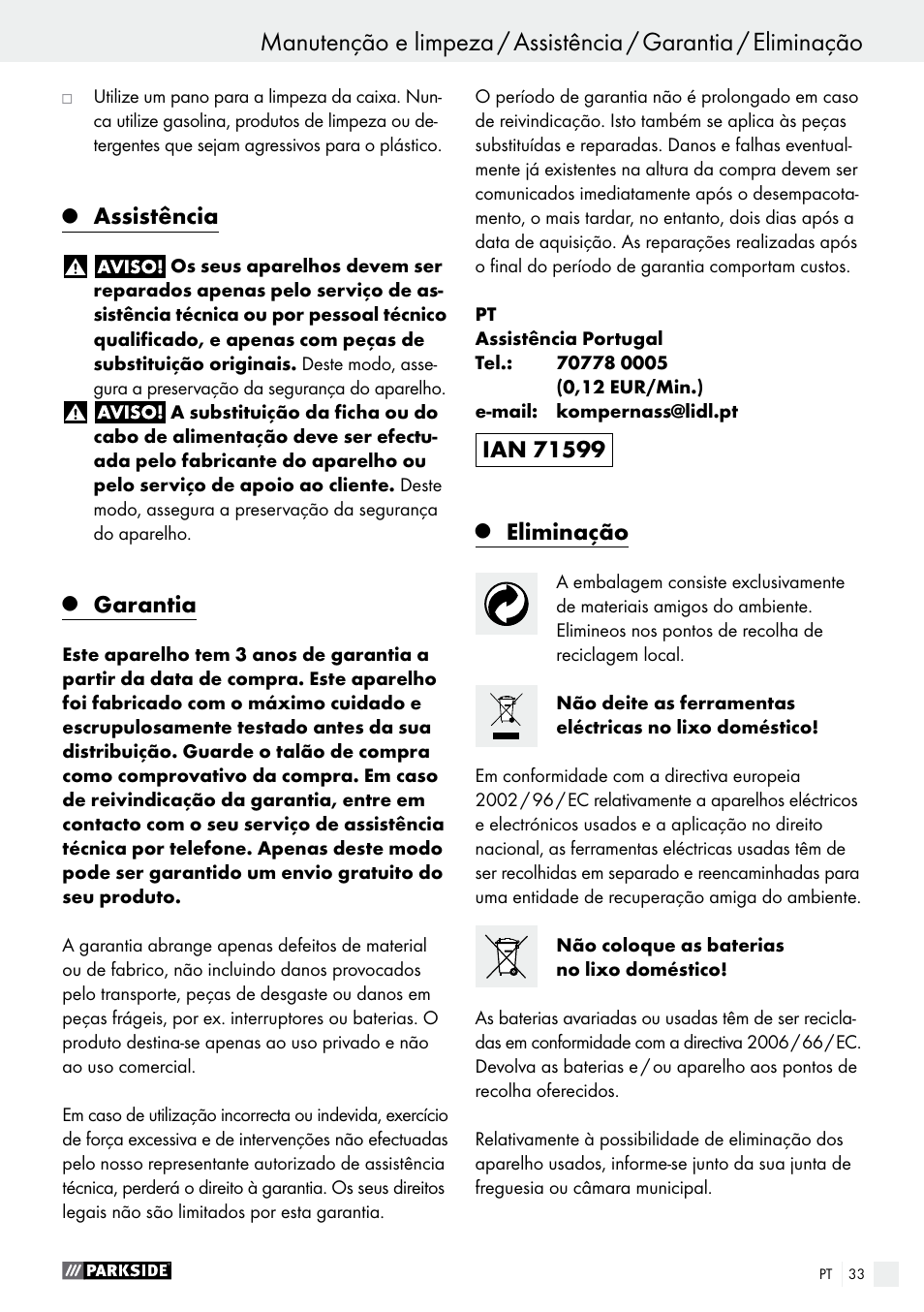 Colocação em funcionamento / manutenção e limpeza, Assistência, Garantia | Eliminação | Parkside PABS 10.8 B2 User Manual | Page 33 / 55