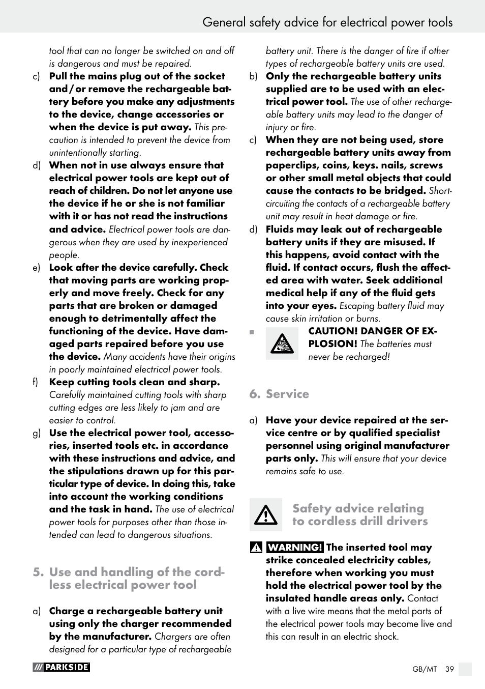 General safety advice for electrical power tools | Parkside PABS 10.8 B2 User Manual | Page 39 / 55
