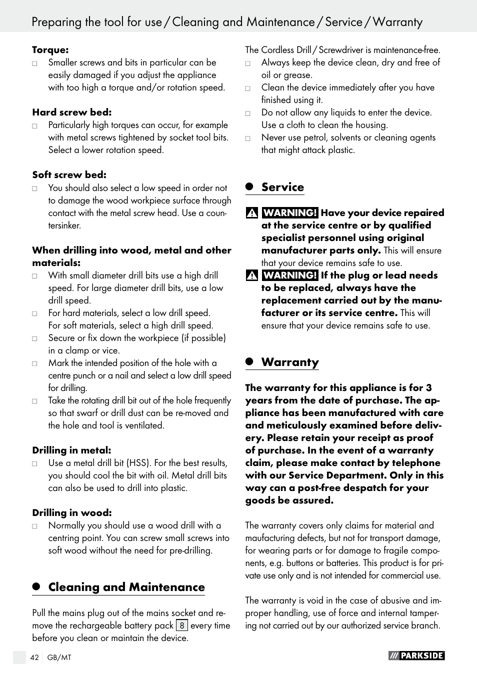 Cleaning and maintenance, Service, Warranty | Parkside PABS 10.8 B2 User Manual | Page 42 / 55