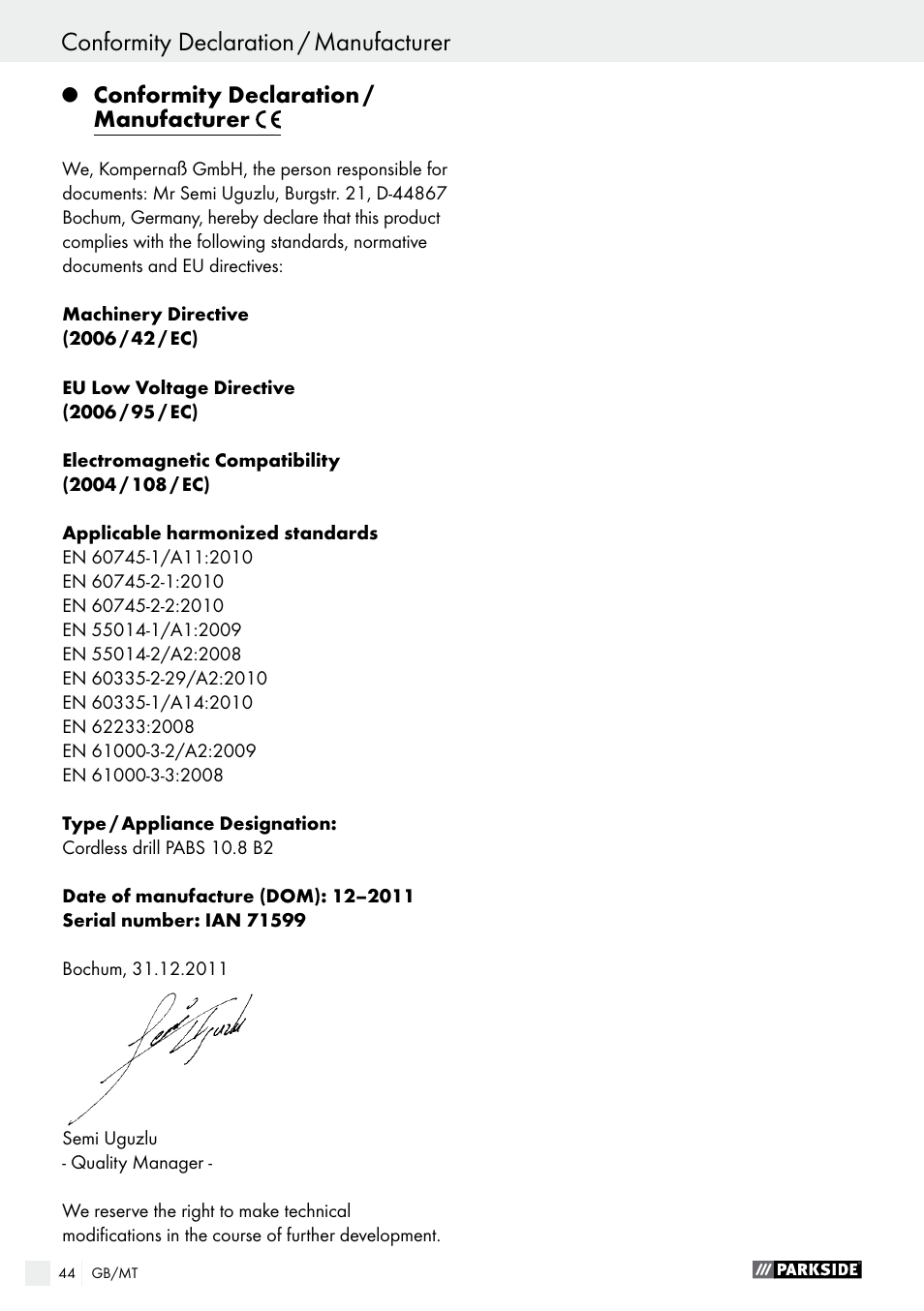 Conformity declaration / manufacturer | Parkside PABS 10.8 B2 User Manual | Page 44 / 55
