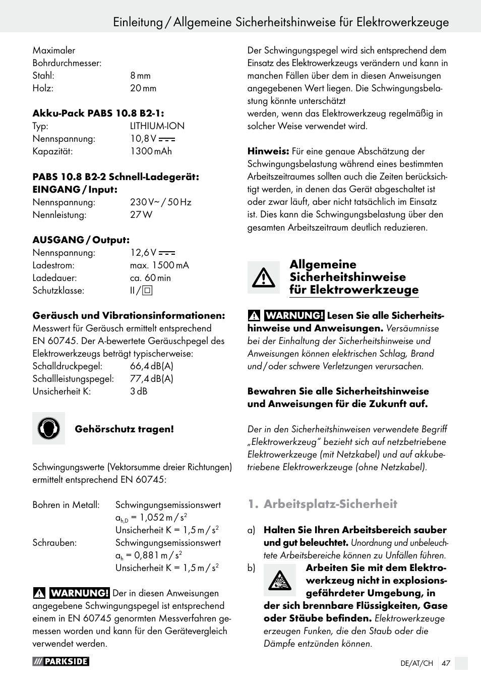 Arbeitsplatz-sicherheit | Parkside PABS 10.8 B2 User Manual | Page 47 / 55