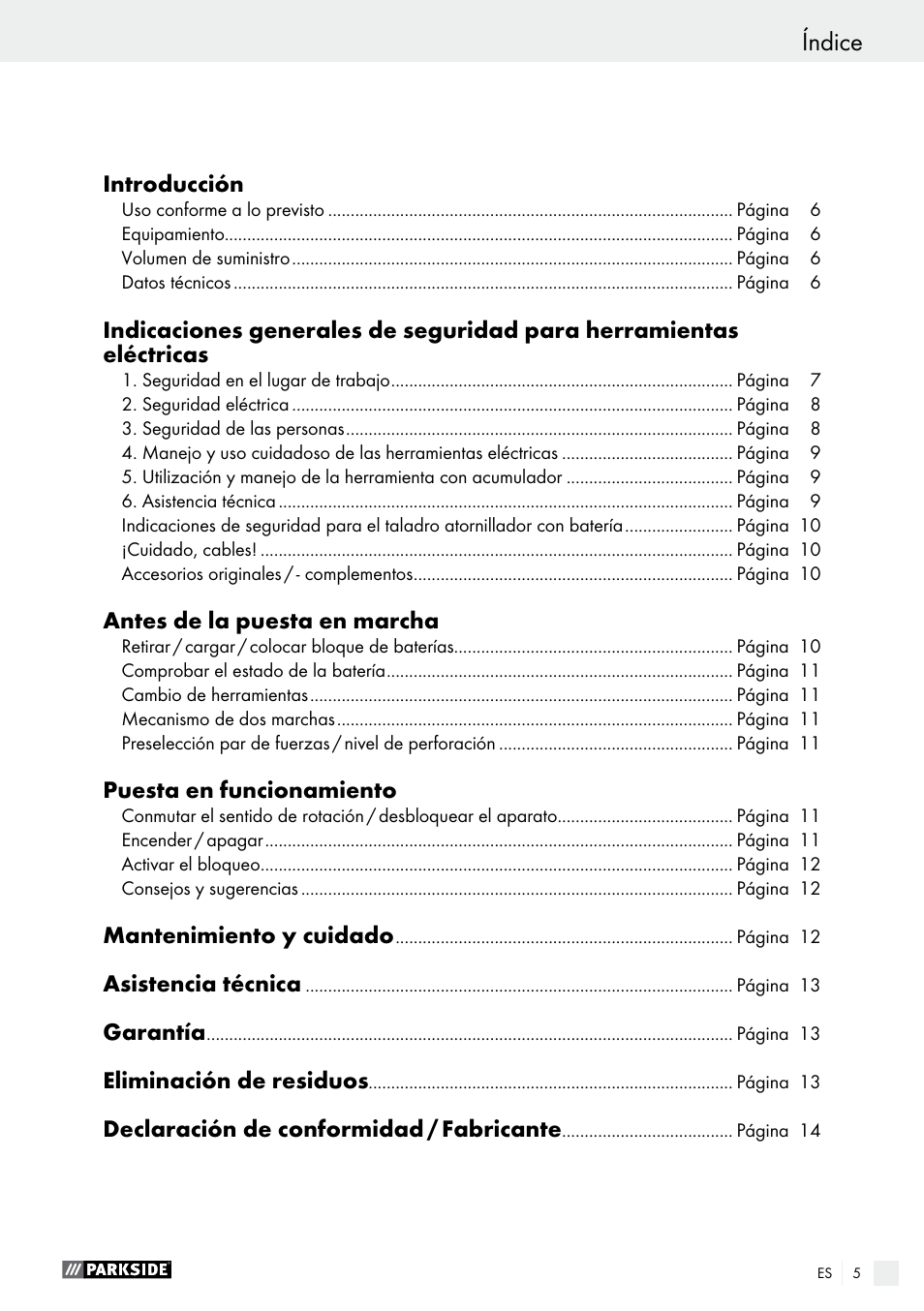 Índice | Parkside PABS 10.8 B2 User Manual | Page 5 / 55