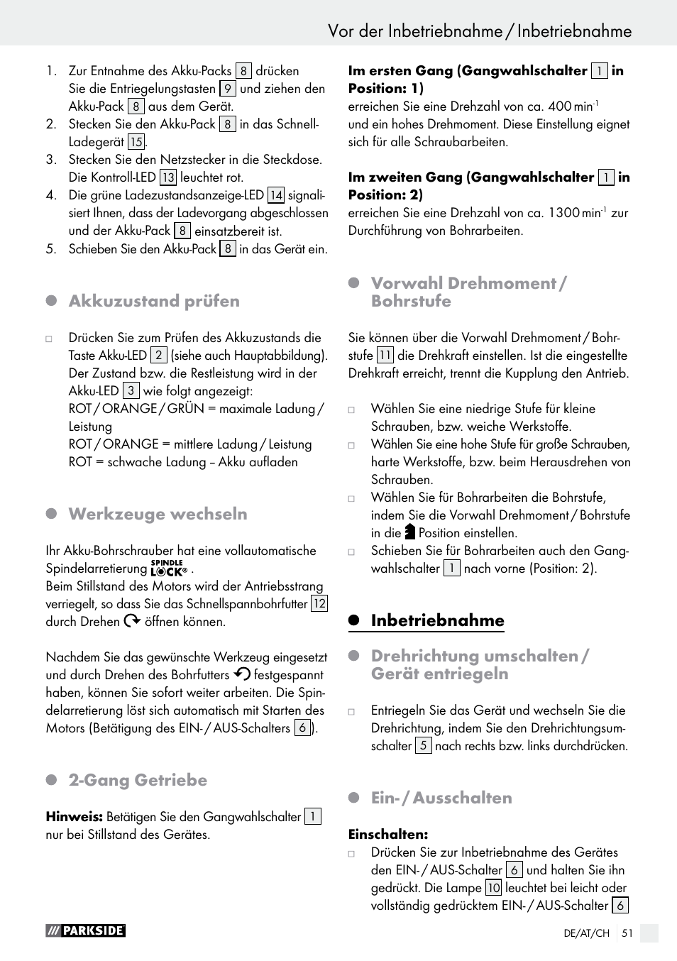 Akkuzustand prüfen, Werkzeuge wechseln, Gang getriebe | Vorwahl drehmoment / bohrstufe, Ein- / ausschalten | Parkside PABS 10.8 B2 User Manual | Page 51 / 55