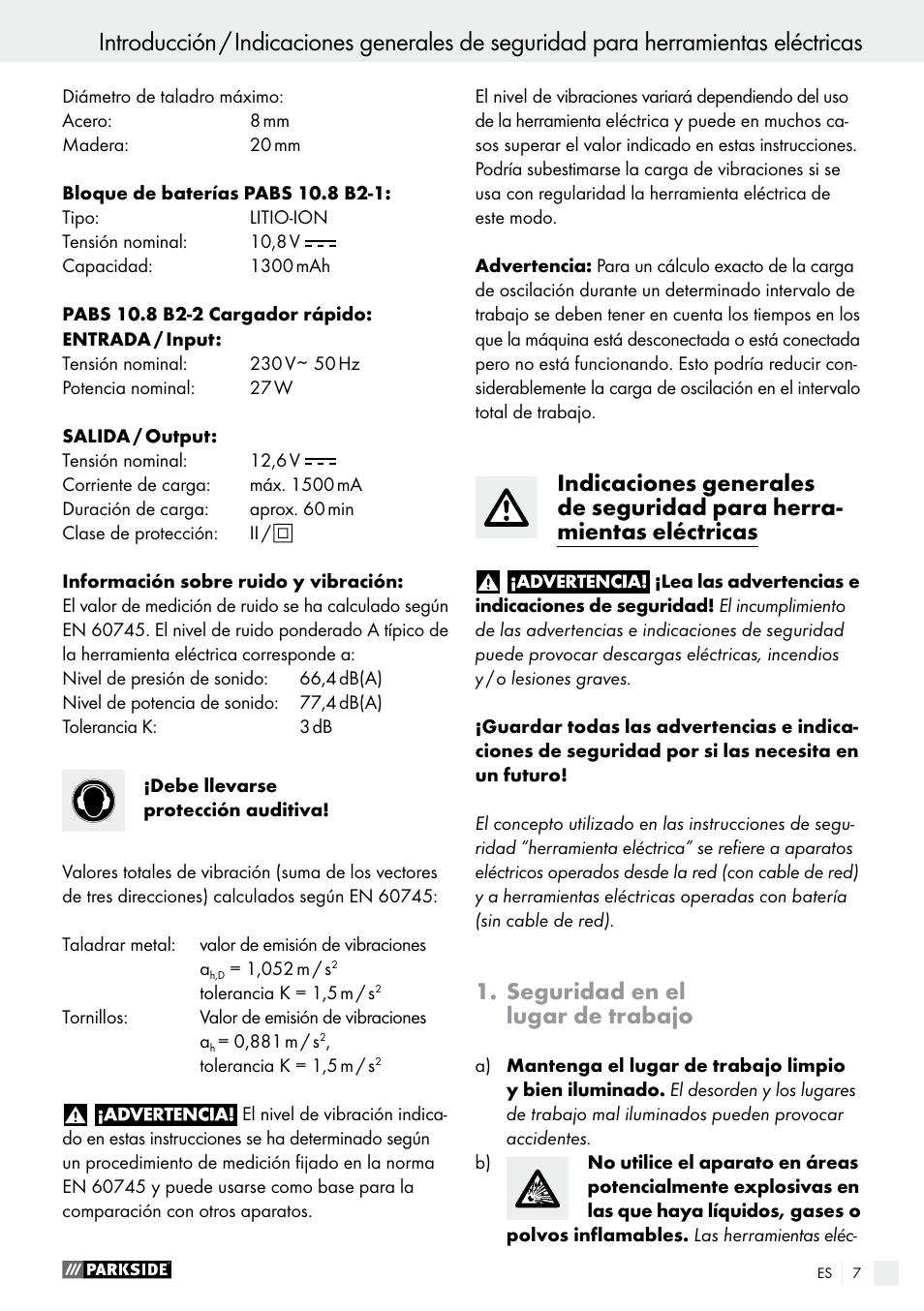 Seguridad en el lugar de trabajo | Parkside PABS 10.8 B2 User Manual | Page 7 / 55