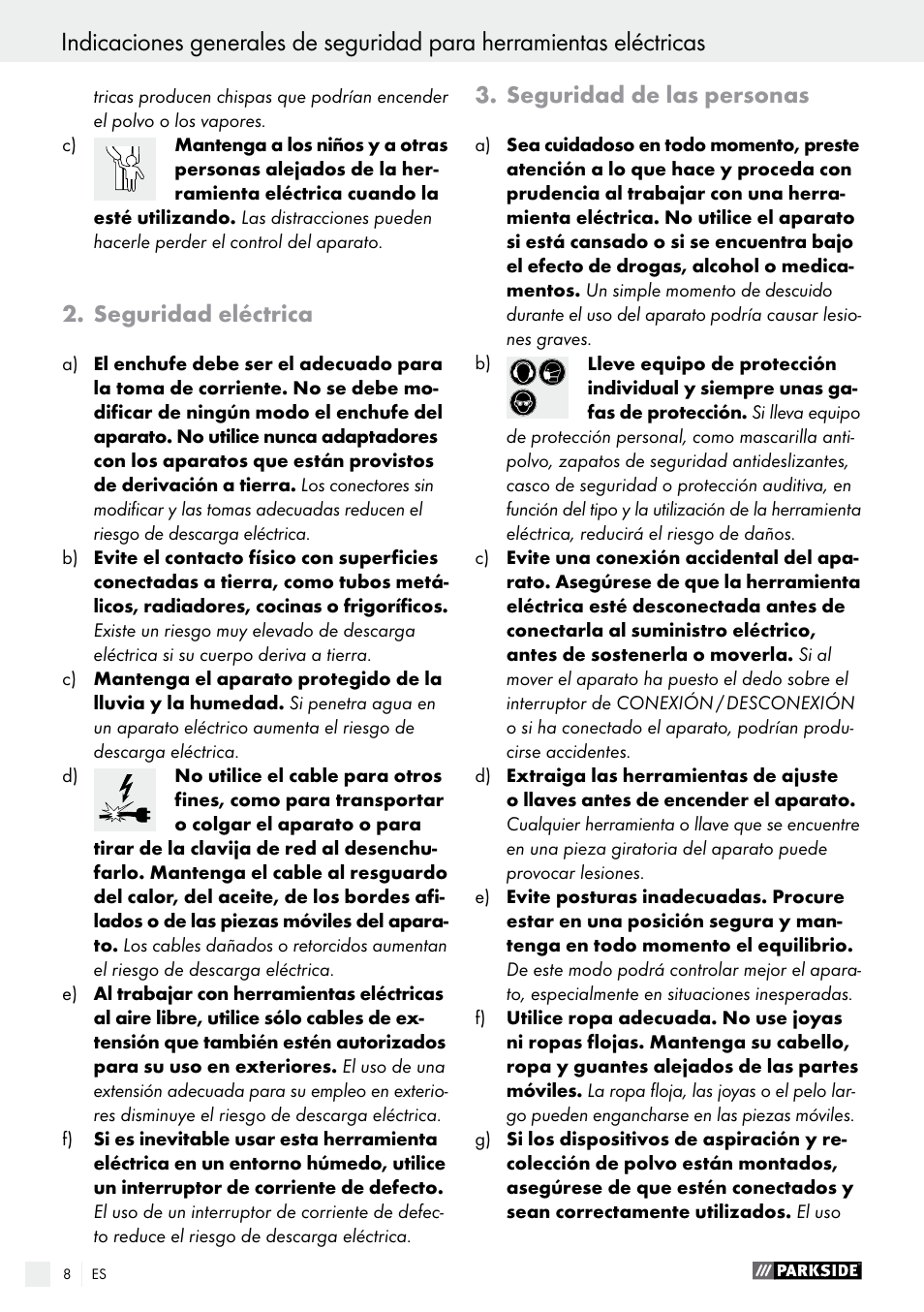 Seguridad eléctrica, Seguridad de las personas | Parkside PABS 10.8 B2 User Manual | Page 8 / 55