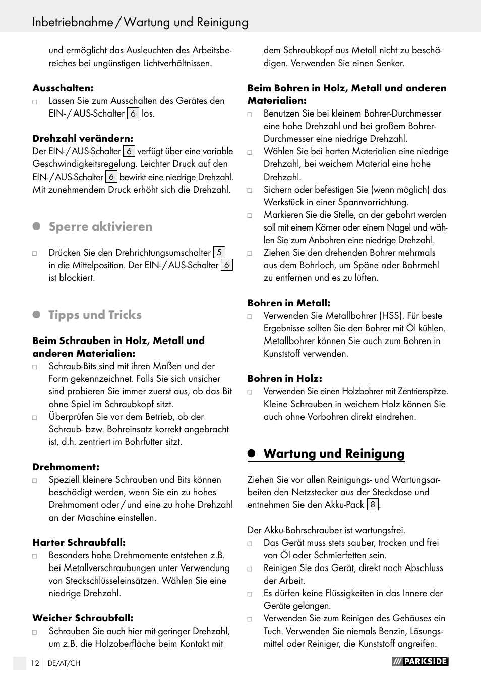 Inbetriebnahme / wartung und reinigung, Sperre aktivieren, Tipps und tricks | Wartung und reinigung | Parkside PABS 10.8 B2 User Manual | Page 12 / 44