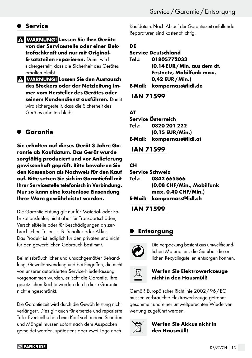 Service / garantie / entsorgung | Parkside PABS 10.8 B2 User Manual | Page 13 / 44