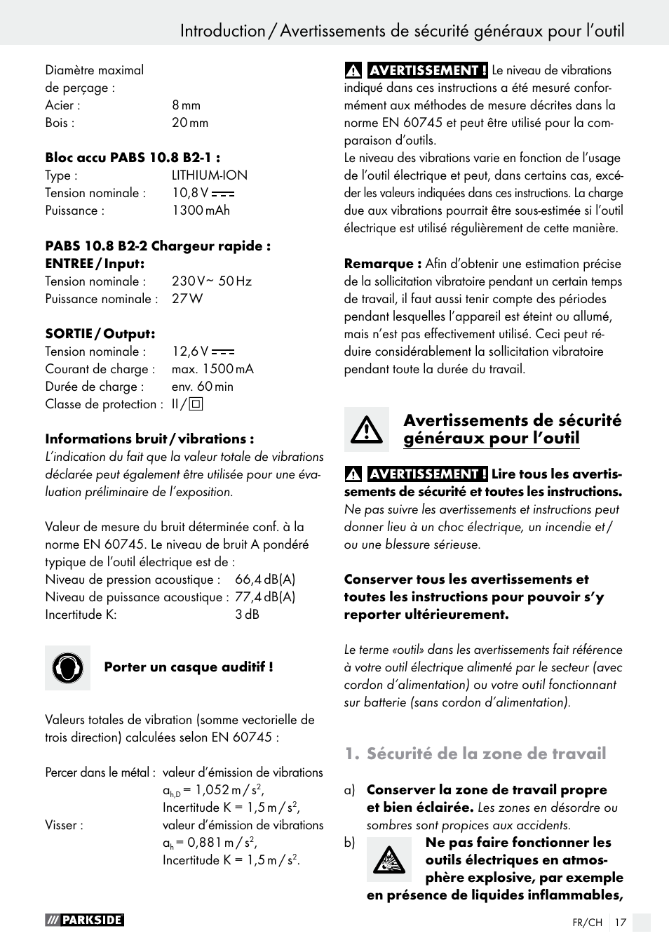 Avertissements de sécurité généraux pour l’outil, Sécurité de la zone de travail | Parkside PABS 10.8 B2 User Manual | Page 17 / 44