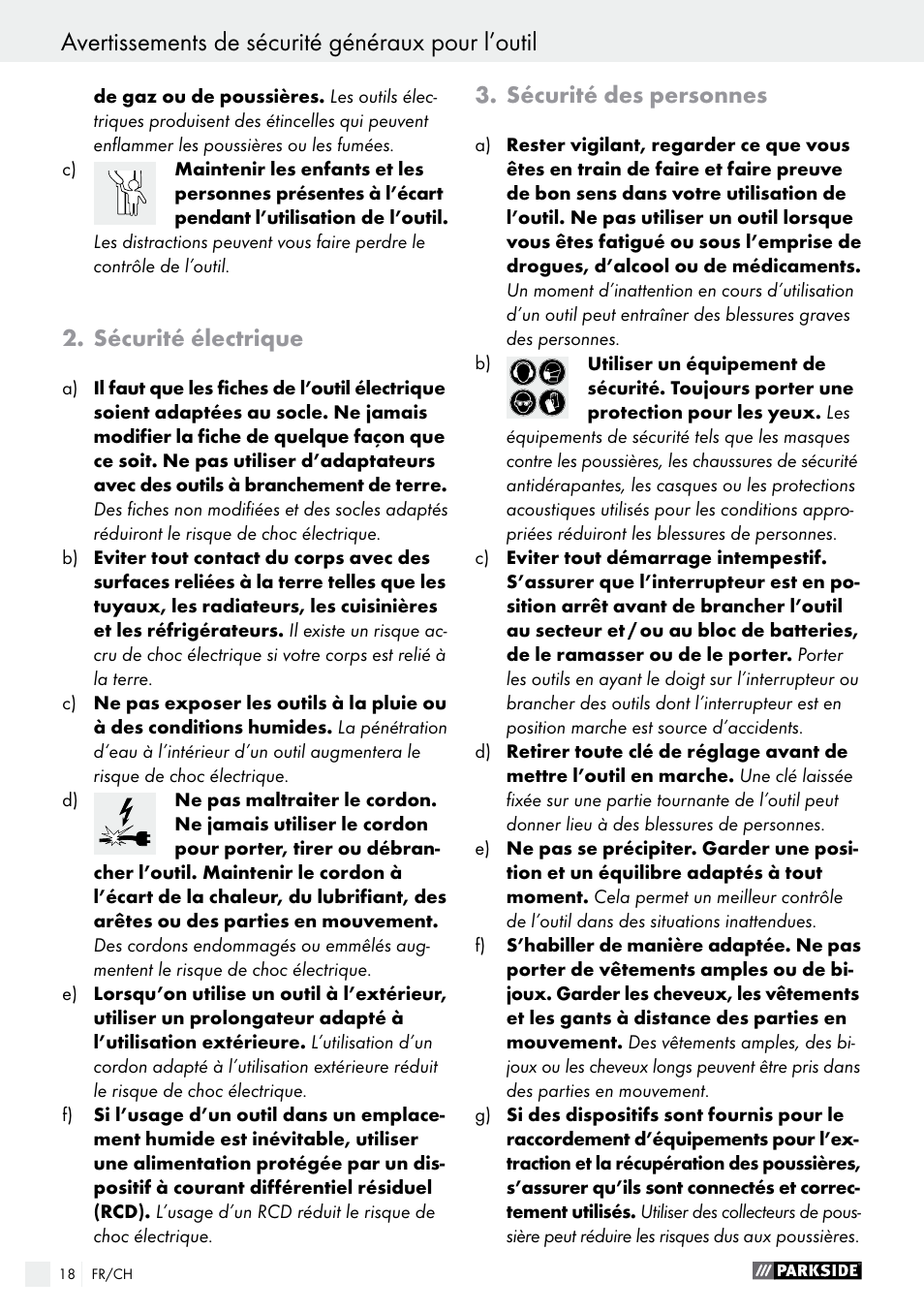 Avertissements de sécurité généraux pour l’outil, Sécurité électrique, Sécurité des personnes | Parkside PABS 10.8 B2 User Manual | Page 18 / 44