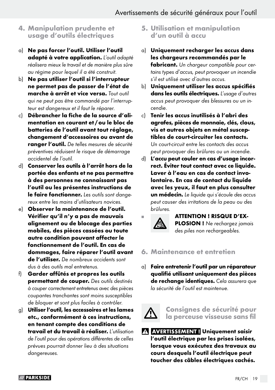 Avertissements de sécurité généraux pour l’outil | Parkside PABS 10.8 B2 User Manual | Page 19 / 44